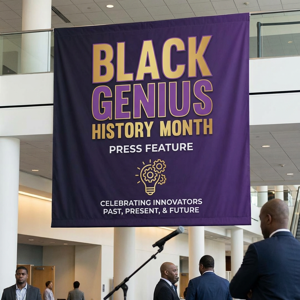 Banner reading: BLACK GENIUS HISTORY MONTH PRESS FEATURE CELEBRATING INNOVATORS PAST, PRESENT, & FUTURE.