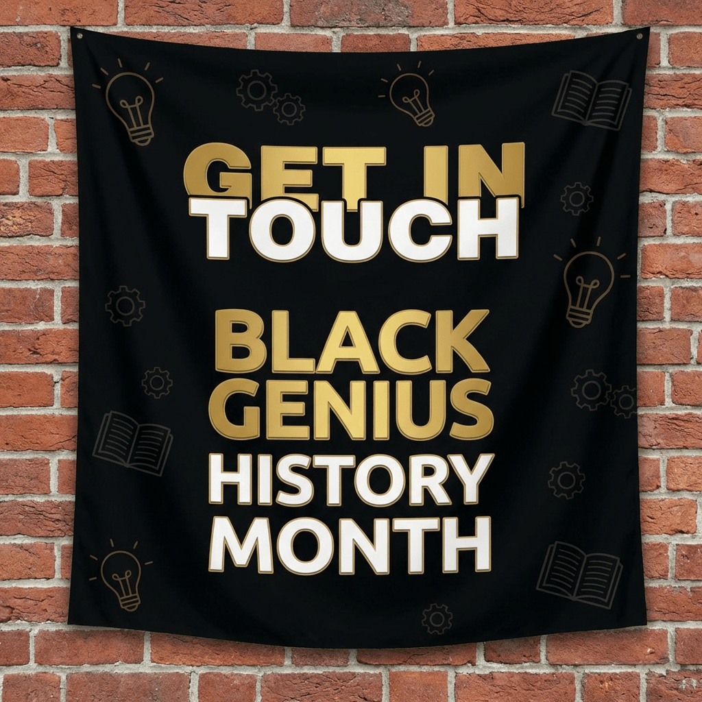 Black banner reading: GET IN TOUCH BLACK GENIUS HISTORY MONTH with gold and white lettering.